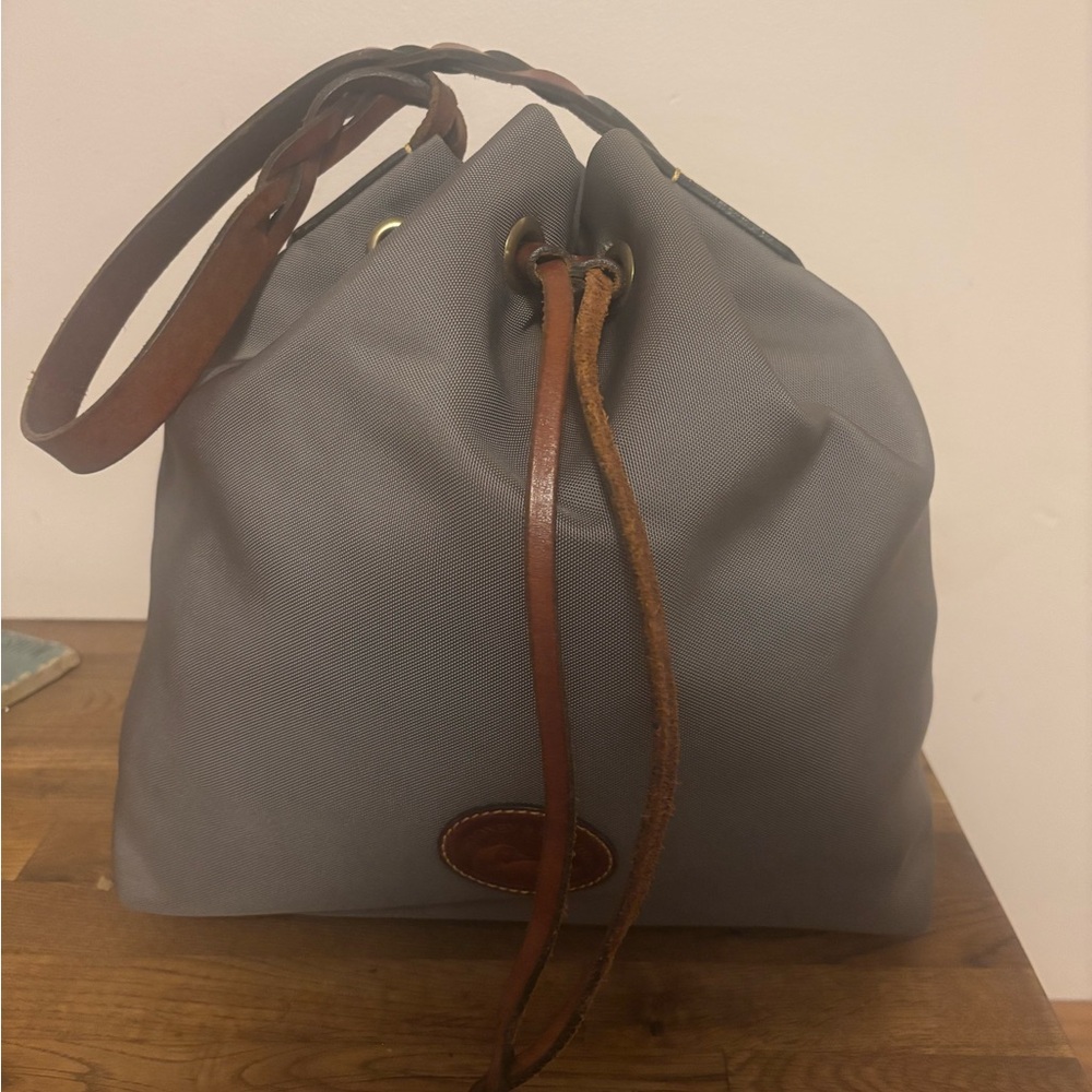 Gray Leather Drawstring Tote Bag - image 1